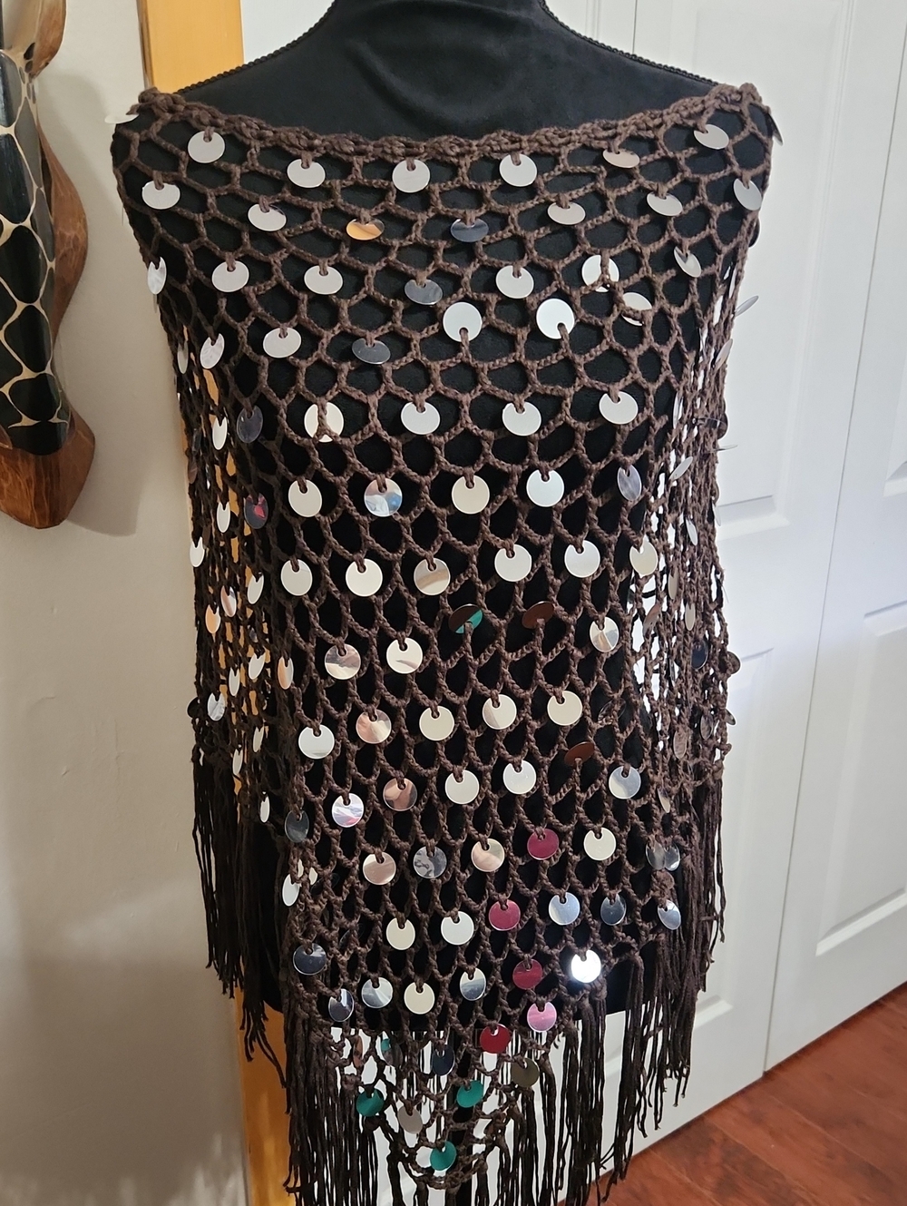 Brown Crochet Sequin Fringe Tunic - Women's Layering Top